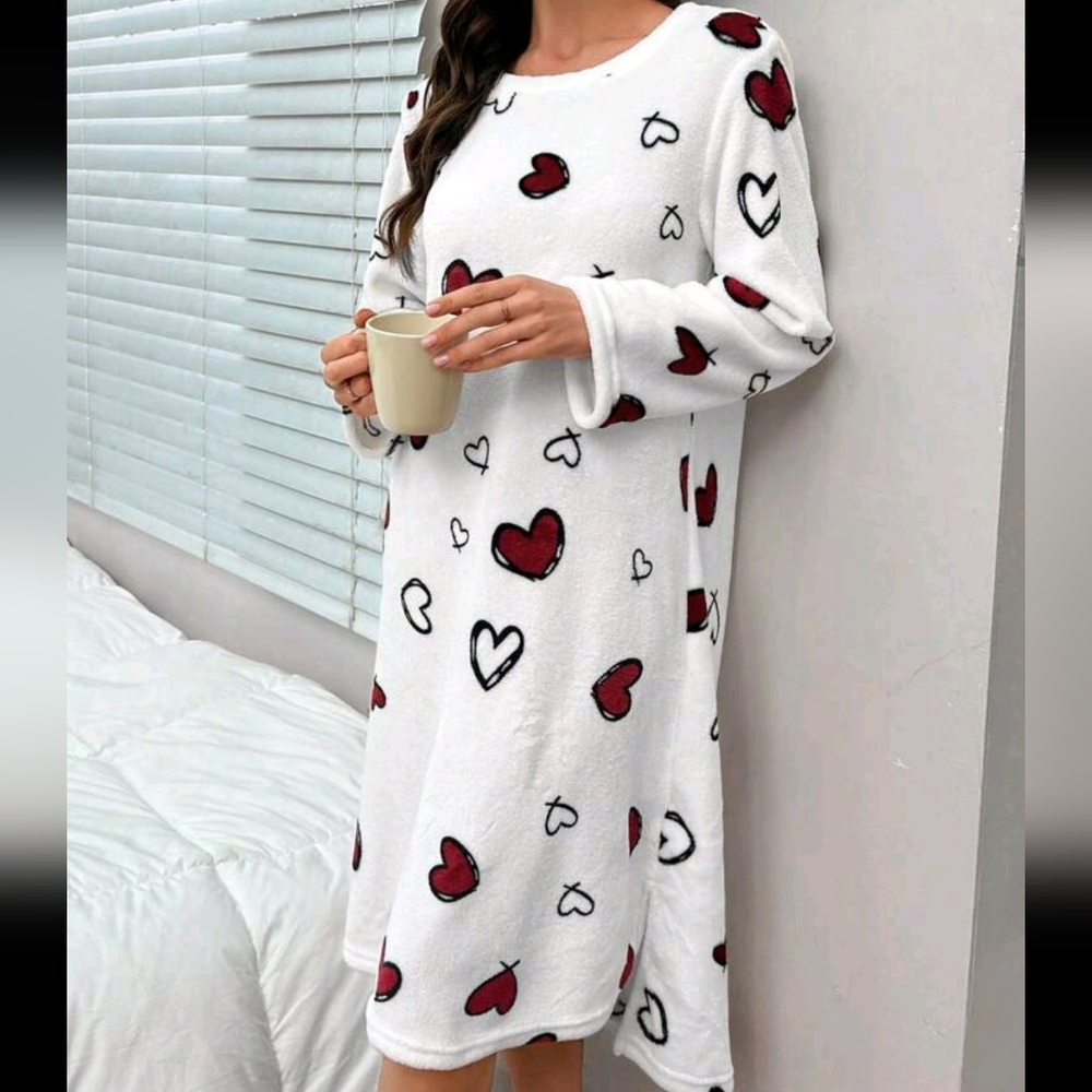 Flannel Heart Print Oversized Long Sleeve T-Shirt Nightgown